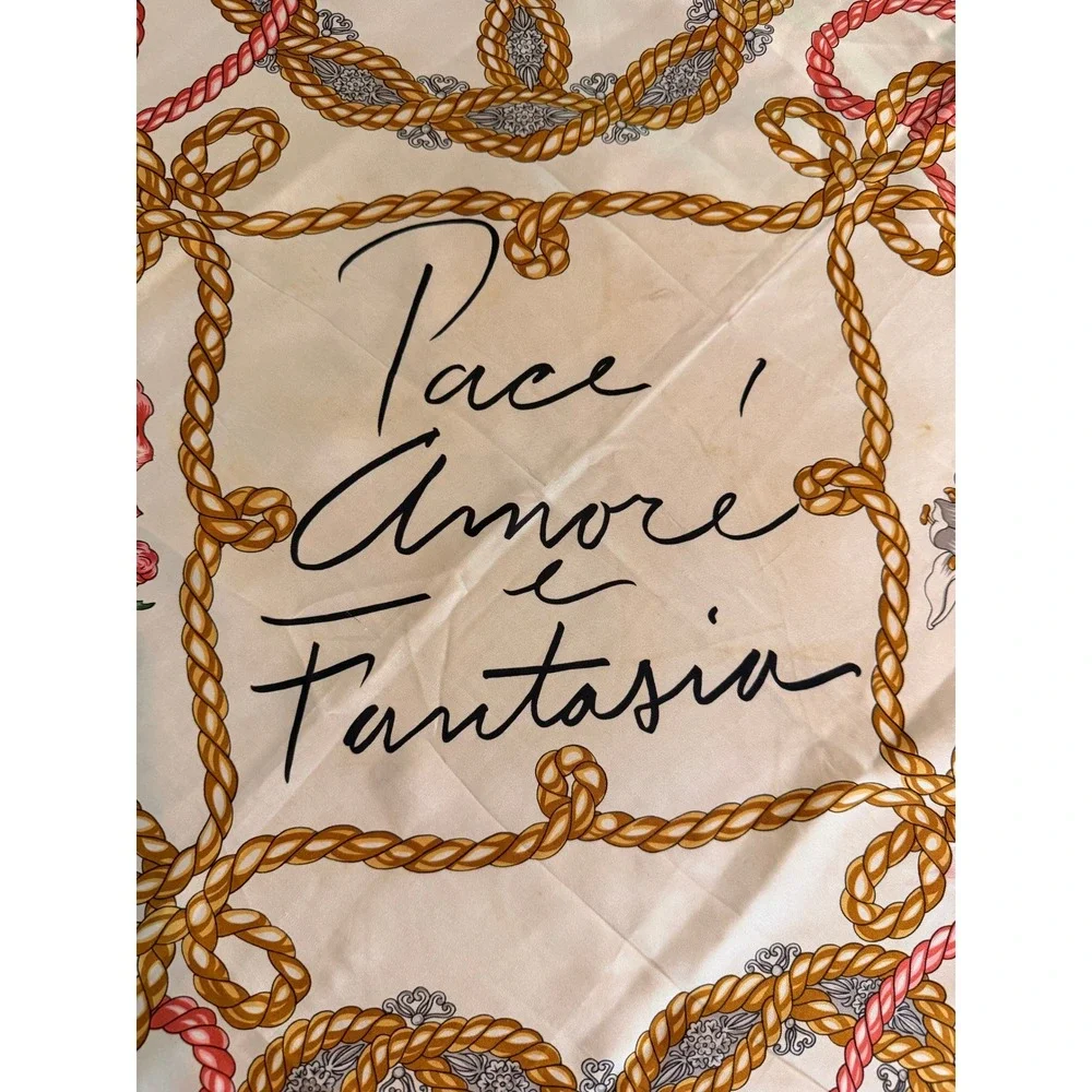 Moschino Silk Scarf Pace Amore e Fantasia Baroque Floral Gold Pink Square 35x35